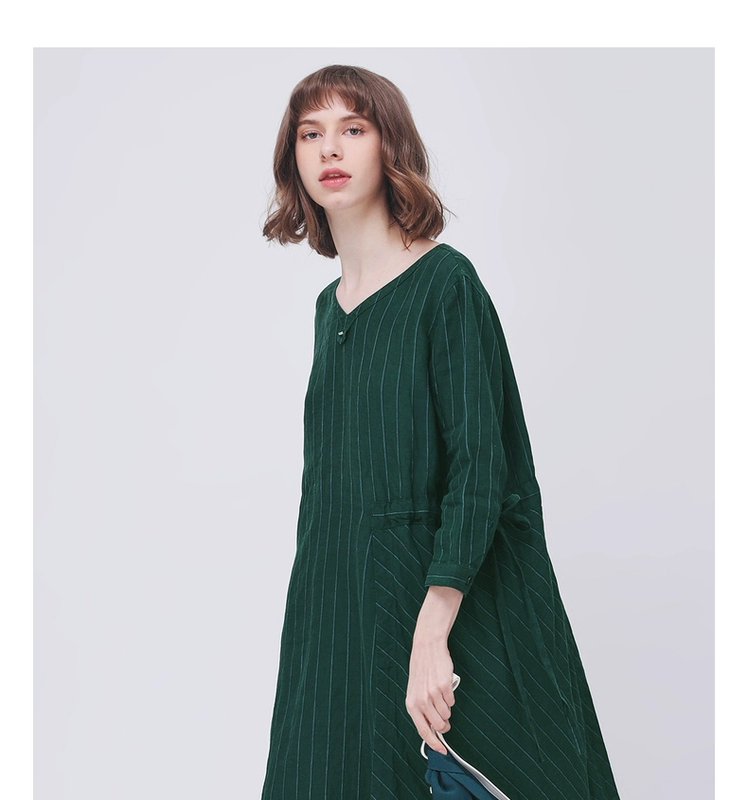 Gumu Xi Yang GMXY2018 phụ nữ mùa hè mới loose-leaf sọc linen dress new mát mẻ mát mẻ váy