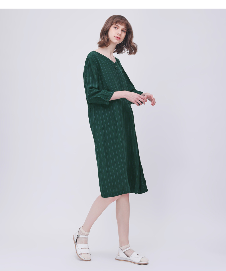 Gumu Xi Yang GMXY2018 phụ nữ mùa hè mới loose-leaf sọc linen dress new mát mẻ mát mẻ váy