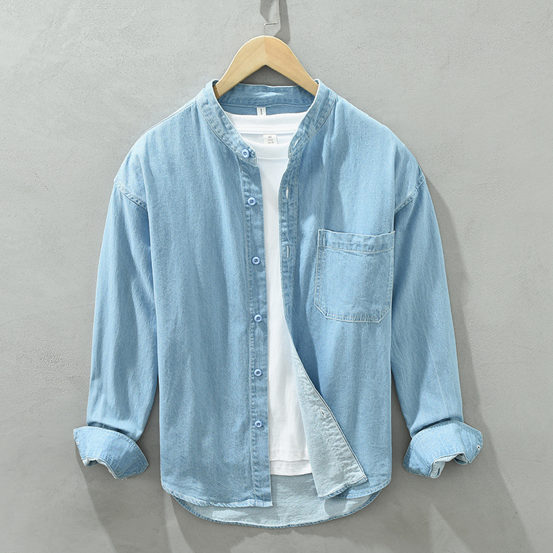 Japanese Style Men's Pure Cotton Denim Long-Sleeve Shirt, Spring and Autumn Top, Collarless Loose Casual Round-Neck Shirt Jacket, Trendy Japanese Style Men's Pure Cotton Denim Long-Sleeve Shirt, Spring and Autumn Top, Collarless Loose Casual Round-Neck Shirt Jacket, Trendy