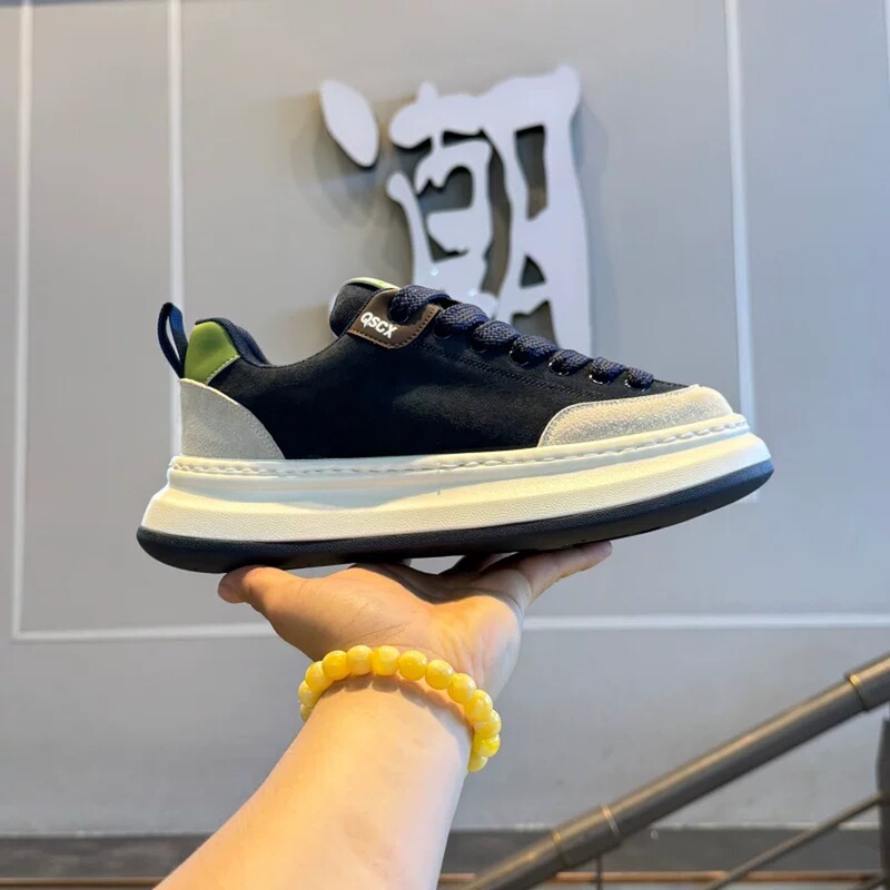 [Designer Style] Navy Blue Retro Patchwork Thick-Soled Casual Sneakers with Suede Surface, Non-Slip and Wear-Resistant Low-Top Men's Shoes