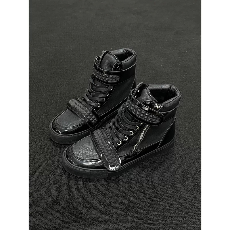 [Designer Style] Velcro High-Top Sneakers for Men, Glossy Patchwork with Side Zipper, Thick Sole, Dark Street Casual Boots