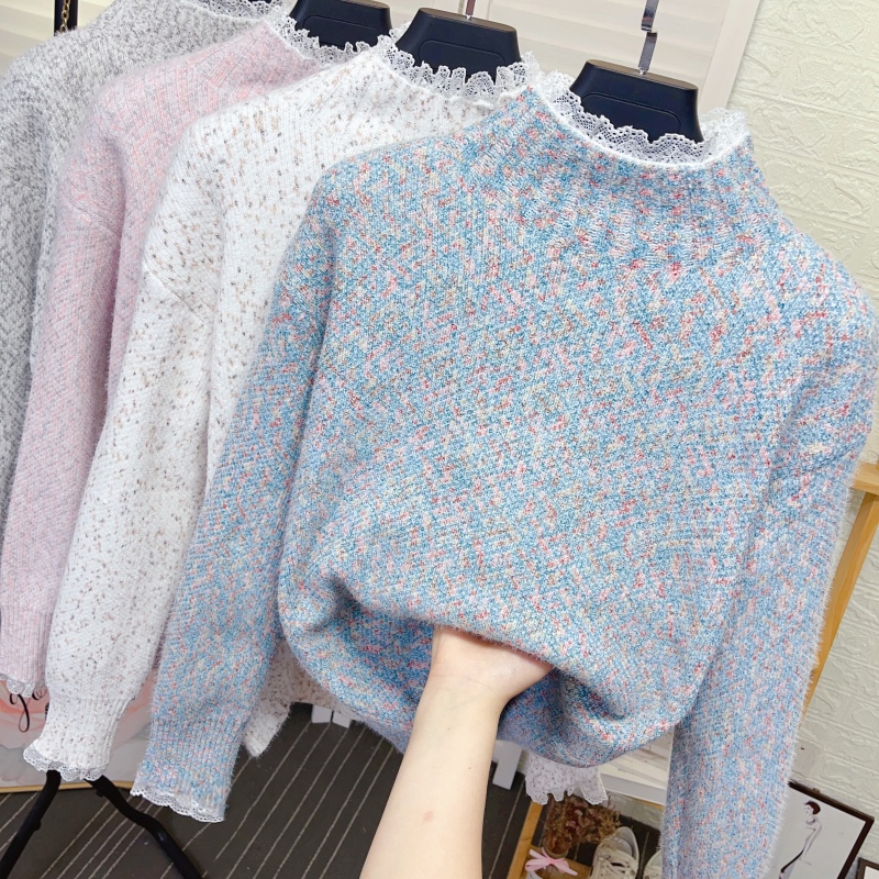 Lace-Trimmed Half-High Collar Chenille Sweater for Women, New Autumn and Winter Thickened Warm Colorful Knit Top