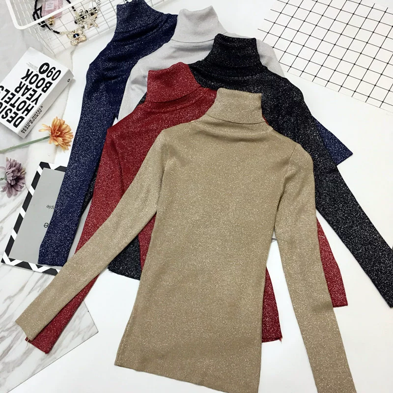 Áo len cổ cao lụa sáng màu Hồng Kông hương vị chic chic bạc sáng bóng co giãn Slim vừa vặn áo len dài tay áo sơ mi áo thun nữ
