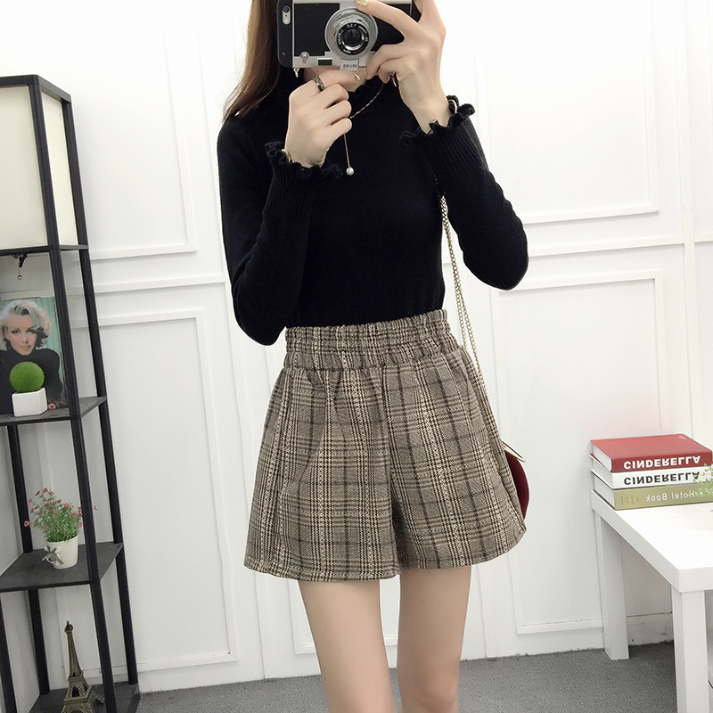 Mùa thu đông mới eo cao là quần short len ​​kẻ sọc mỏng nữ quần ống rộng mùa đông dày len hoang dã quần bốt mặc quần sooc bò nữ cạp cao
