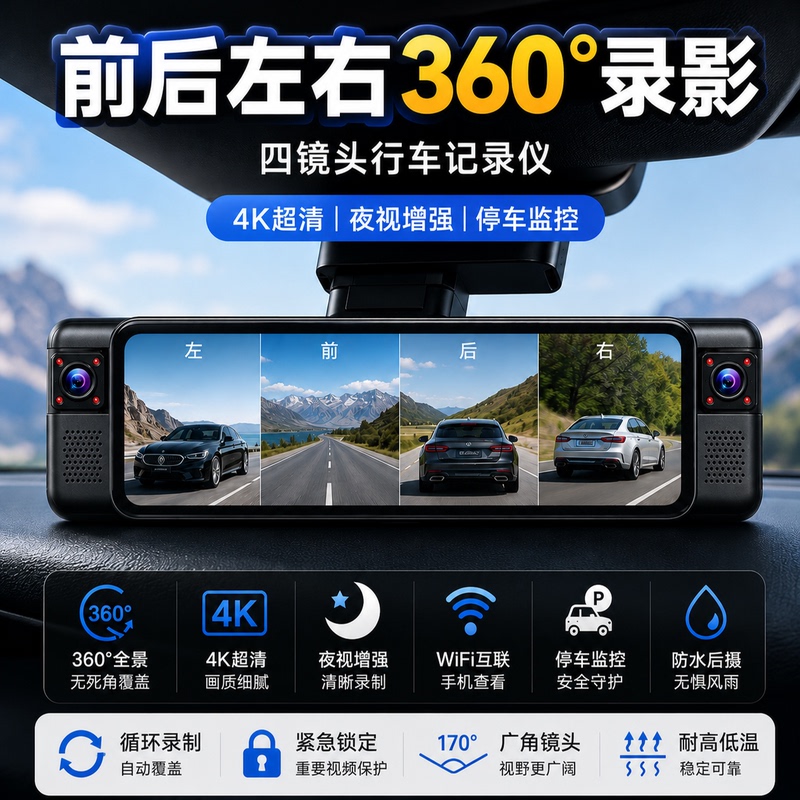 360-Degree Panoramic Four-Way Driving Recorder with Reversing Image, Parking Monitoring, Adas Driving Assistance, and Sentry Mode 360-Degree Panoramic Four-Way Driving Recorder with Reversing Image, Parking Monitoring, Adas Driving Assistance, and Sentry Mode