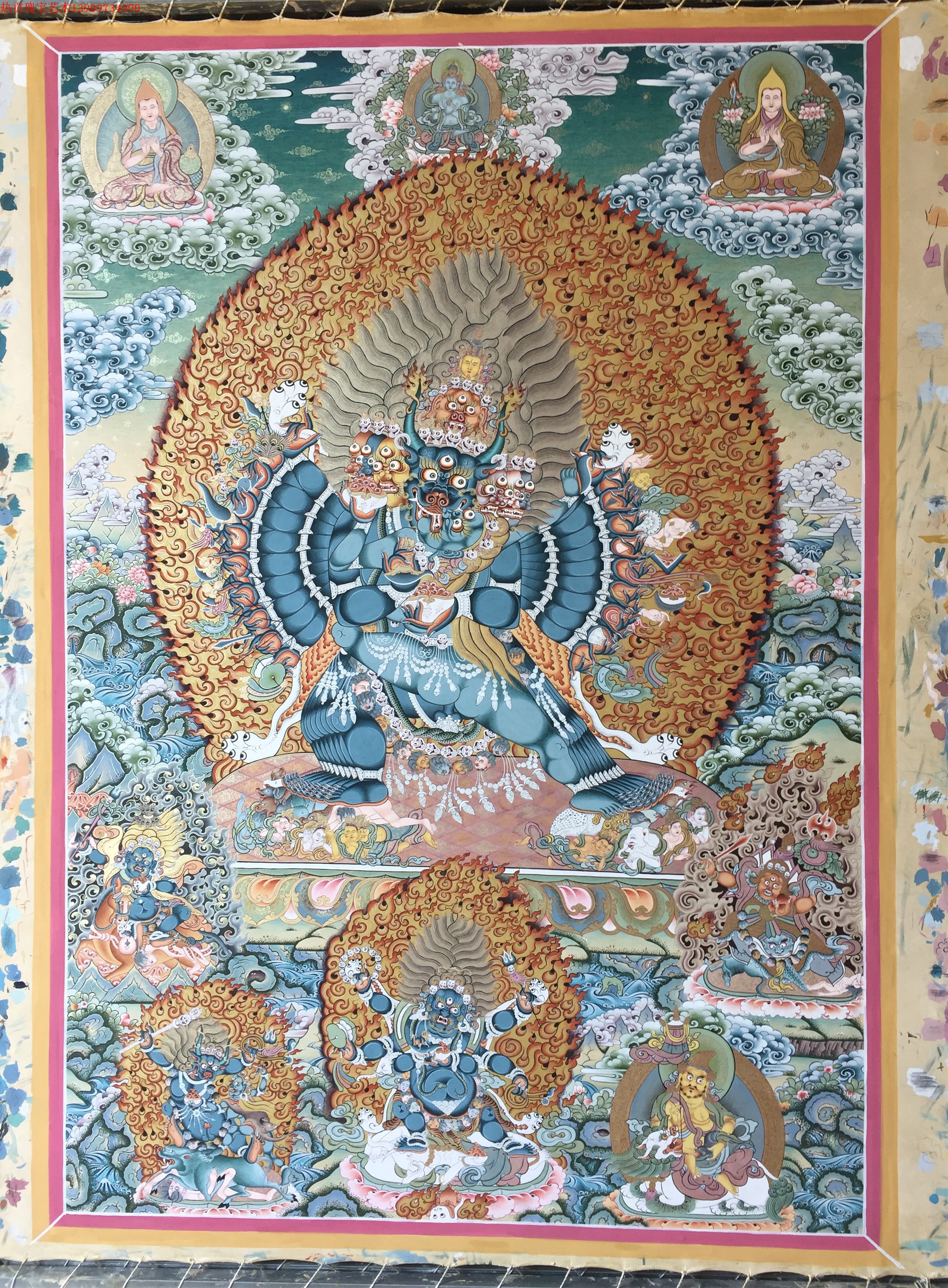 Tibet Handpainted Donka Daweed The Big Five Hair Care Gods Living Room Xuanguan Wall Thermal Tribute Manual Art Hanging Painting