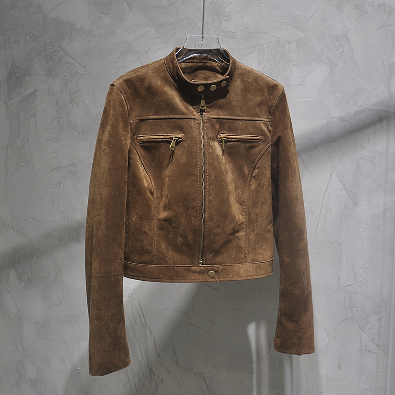 2025 Autumn New Women's Motorcycle Style Pig Leather Suede Genuine Leather Jacket Short Slim Fit