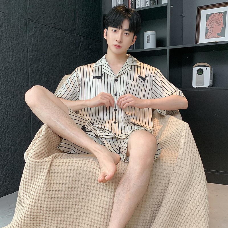 Victoria Men's Pajamas Summer Silk Youth Men's Mulberry Silk Short-Sleeved Thin Home Wear Set