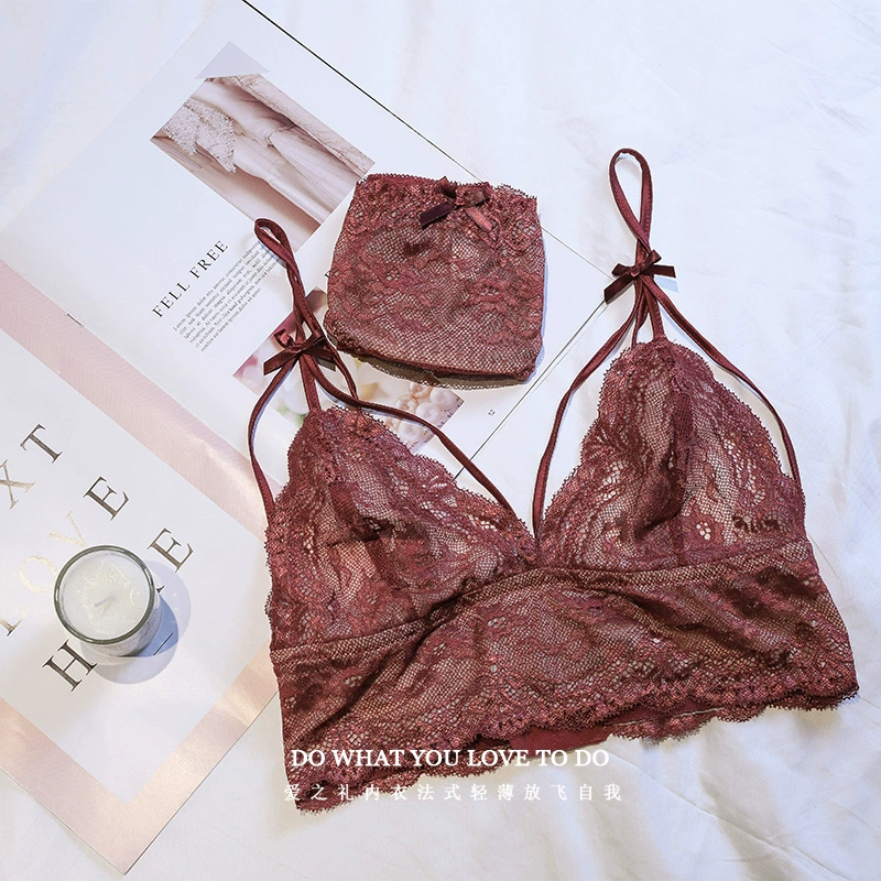 Món quà tình yêu đồ lót bralette phụ nữ Pháp không có vòng thép áo ngực thêu ren siêu mỏng mềm bộ đồ lót - Bộ đồ lót