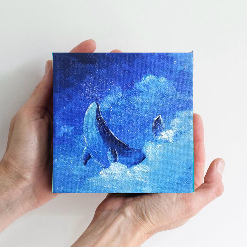 Miniature Hand-Painted Oil Painting of a Large Dolphin, Whale, Shark, and Underwater Scene, Fresh and Artistic Desktop Decoration, Decorative Painting, Refrigerator Magnet