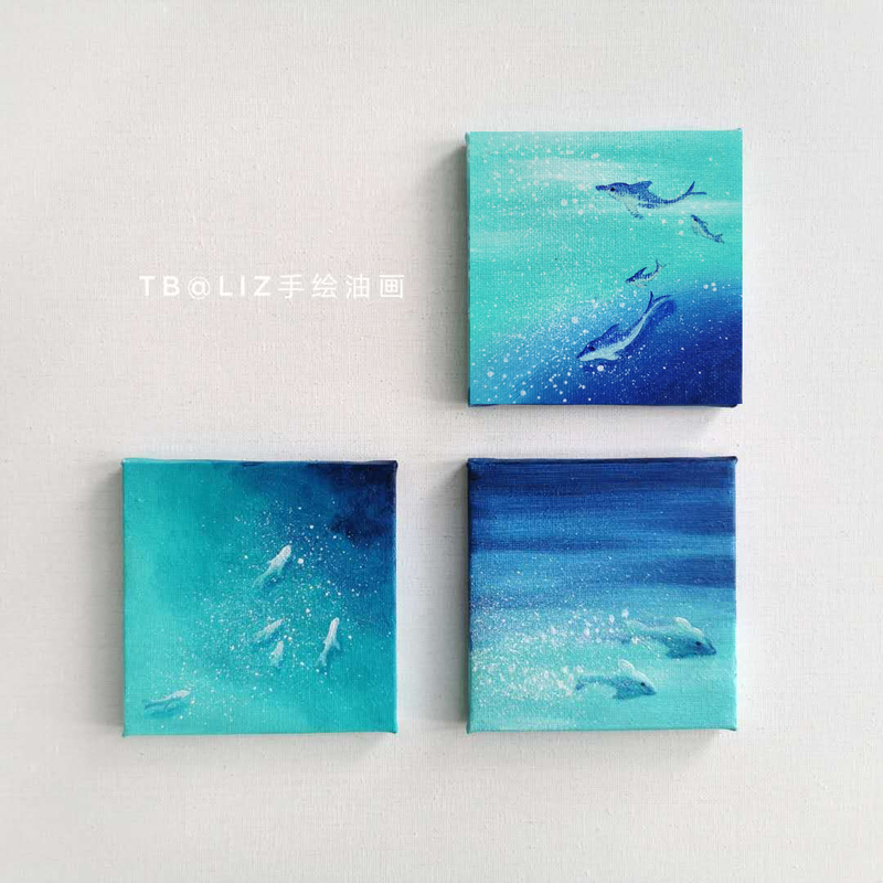 Miniature Original Hand-Painted Oil Painting of the Ocean, Dolphins, Whales, and Underwater Scenery, Fresh and Artistic Desktop Decoration, Refrigerator Magnet