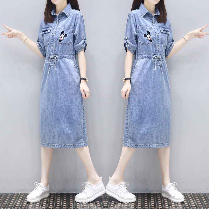 Faahiono summer dress 2021 thin section mid-length waist slimming embroidery Mickey fashion casual denim dress female