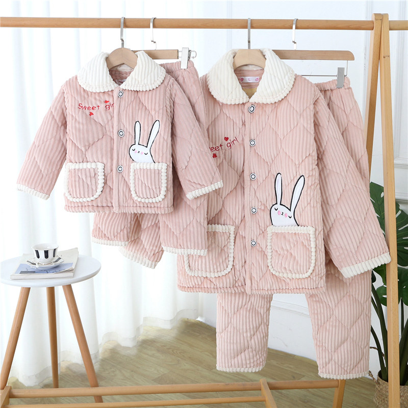 Parent-child pajamas winter three-layer padded thick mother and daughter coral fleece homewear set children's flannel