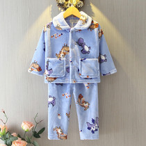 Childrens flannel pajamas Autumn and winter large men and womens coral velvet home clothes set Children baby cartoon