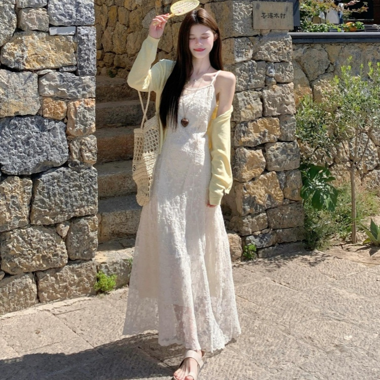 175cm Tall Extra-Long French-Style White Lace Slip Dress 180cm Extra-Long Ankle-Length Floor-Length Dress