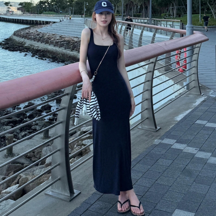 175cm Tall Women's Navy Blue Spaghetti Strap Dress, 180cm Extra-Long French Style Ankle-Length Floor-Sweeping Tank Dress for Summer
