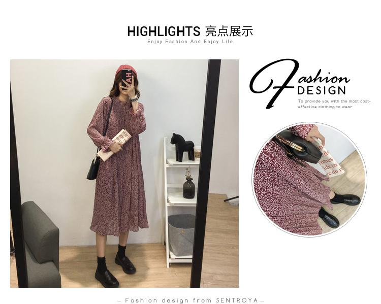 Lỏng cổ áo hoa voan dài tay đầm mùa thu và mùa đông của phụ nữ kích thước lớn là mỏng và dài một từ váy dưới váy xếp li đầm xòe tay dài