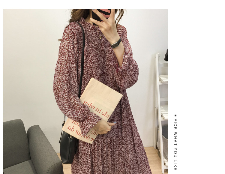 Lỏng cổ áo hoa voan dài tay đầm mùa thu và mùa đông của phụ nữ kích thước lớn là mỏng và dài một từ váy dưới váy xếp li đầm xòe tay dài