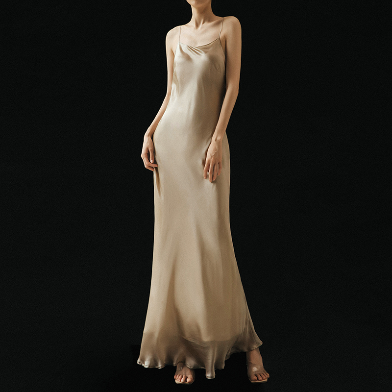 Cicidream Champagne Nude Pink Satin Shimmer Double-Layer Mulberry Silk Spaghetti Strap Long Dress Gown Cicidream Champagne Nude Pink Satin Shimmer Double-Layer Mulberry Silk Spaghetti Strap Long Dress Gown