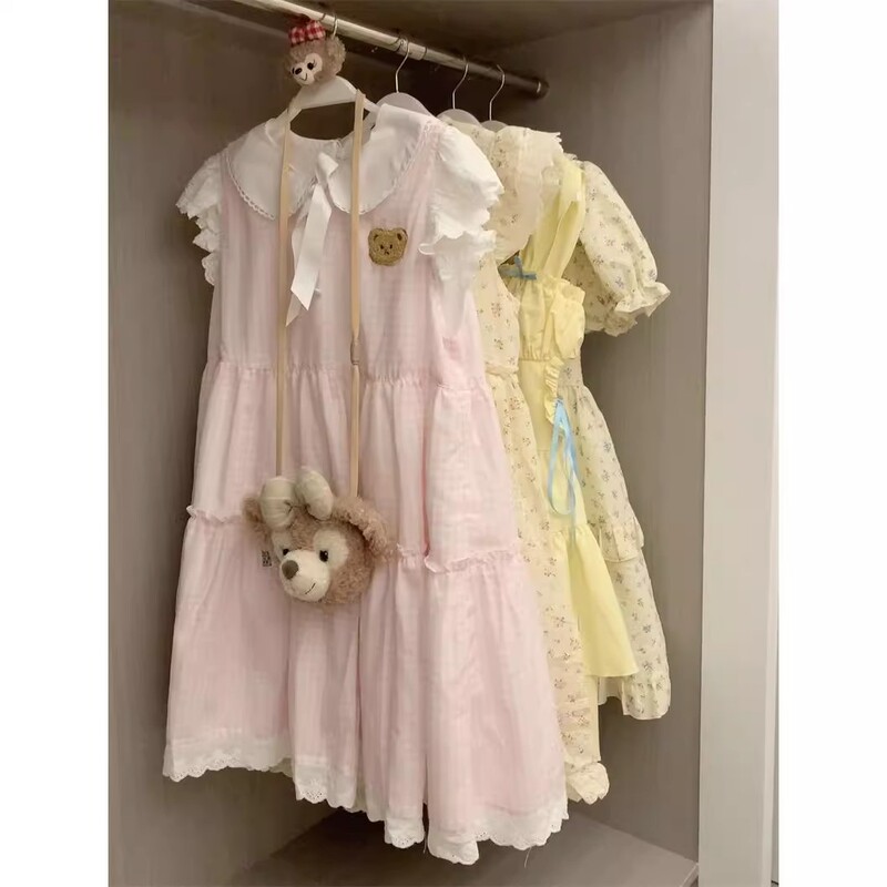 Japanese-Style Kawaii Fashion Doll Collar Embroidered Kitten Short Spring/Summer Dress with Flutter Sleeves and Plaid A-Line Dress