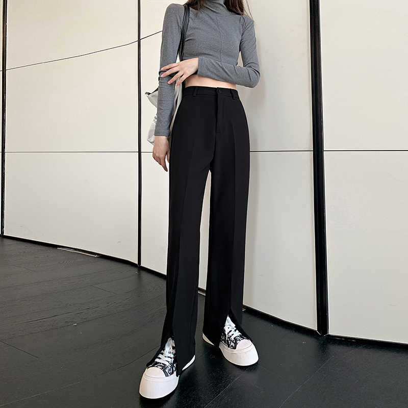 145cm Petite Black Slit Straight-Leg Pants for Women, High-Waisted, Drapey, Floor-Length Pants, XS Cropped Wide-Leg Dress Pants, 150