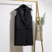2021 Spring and Autumn Mid Long Fashion Vest Korean Skinny Double Breasted Clam Collar Sleeveless Hover Shoulder Pinch Jacket Women