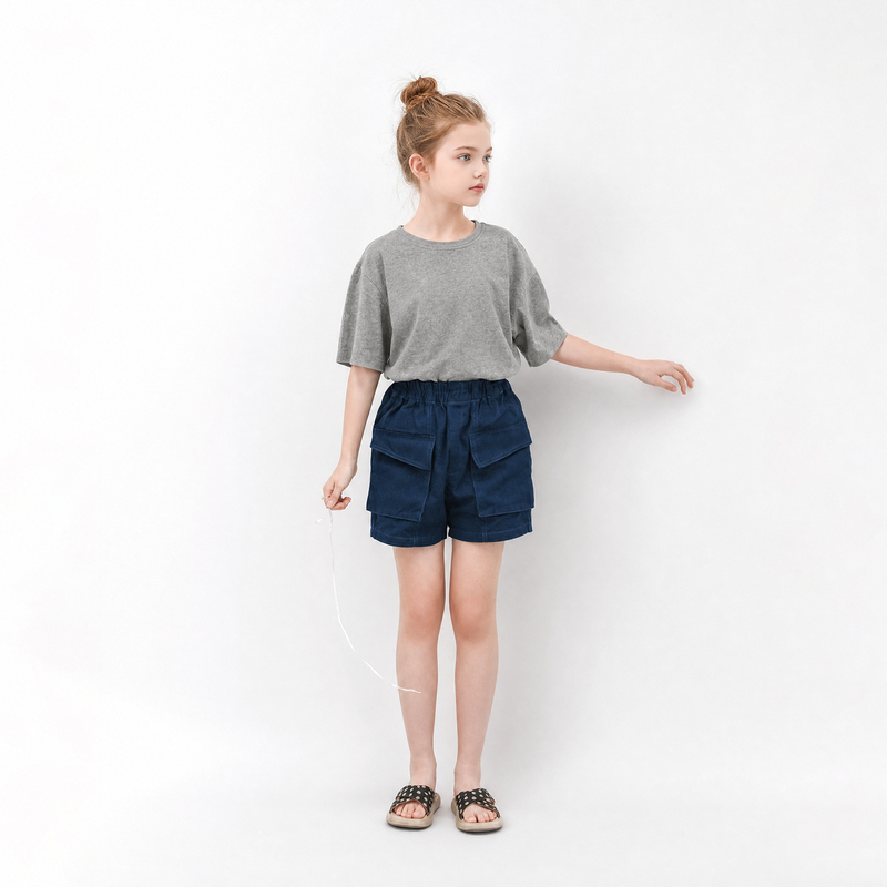 Caicaiai Scandinavian Style Children's Clothing 2026 New Summer Clothing for Girls and Older Children Blue Denim Shorts 682+717