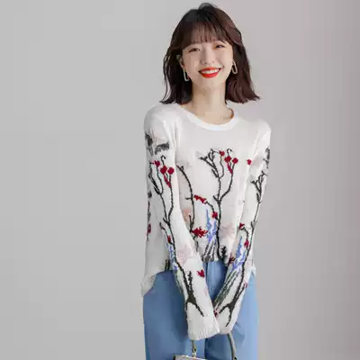 FENPERATE embroidered flowers thin through knitted top mohair cashmere hollow 2021 spring and autumn pullover