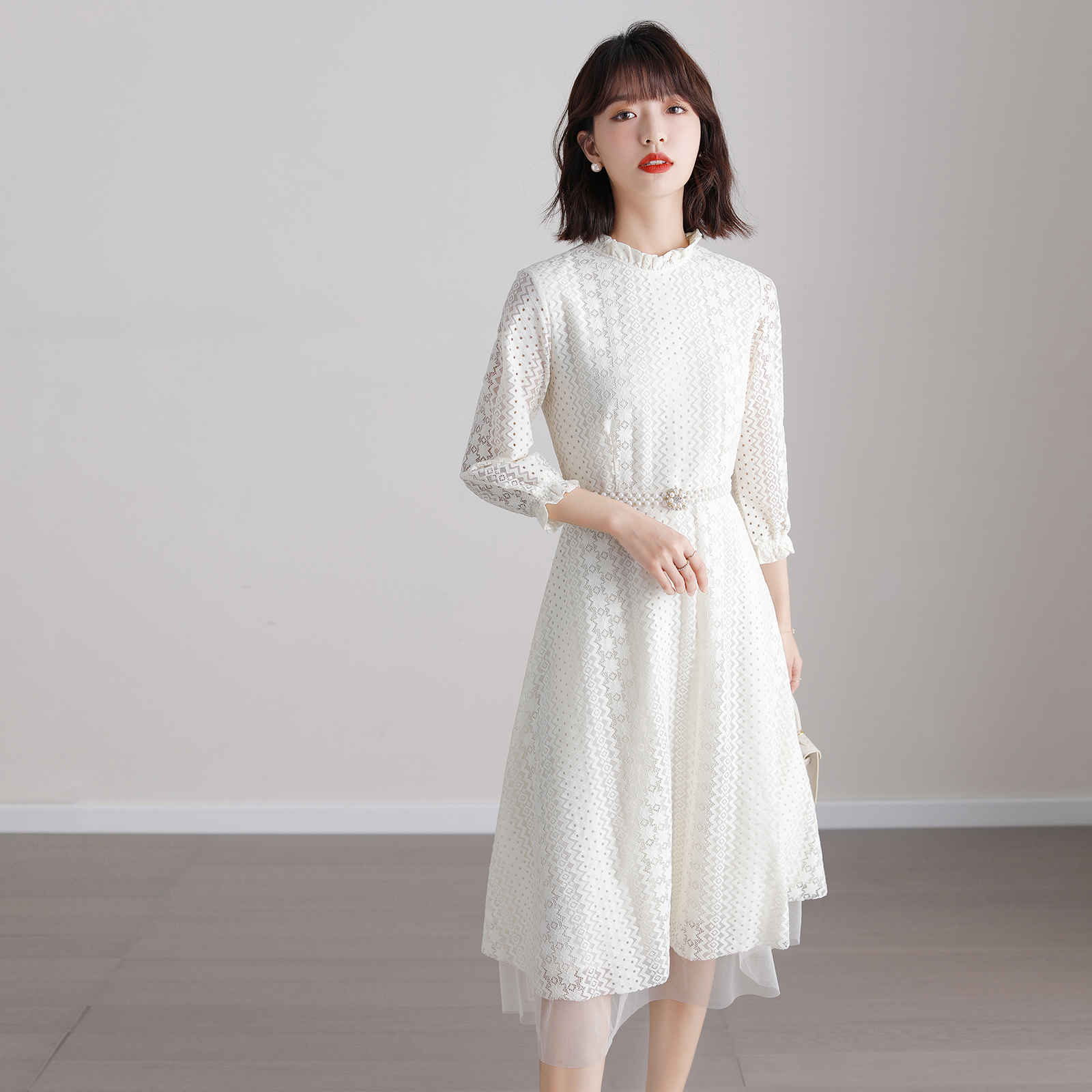 FENPERATE Spring 2022 New White Lace Mid-Length Waist ThinNing Foreign Chiffon