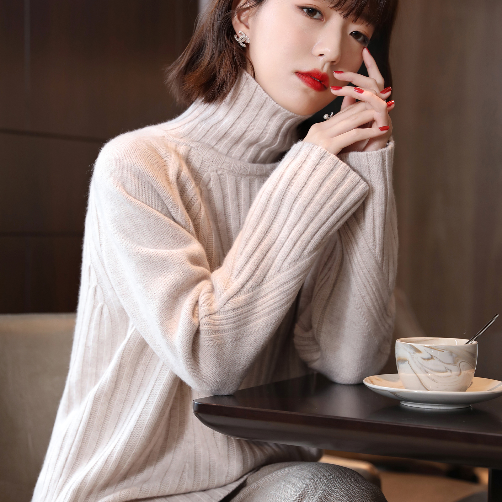 FENPERATE 2021 autumn winter new pure colour high collar swing open fork thickened wool outside wearing a knitted sweater