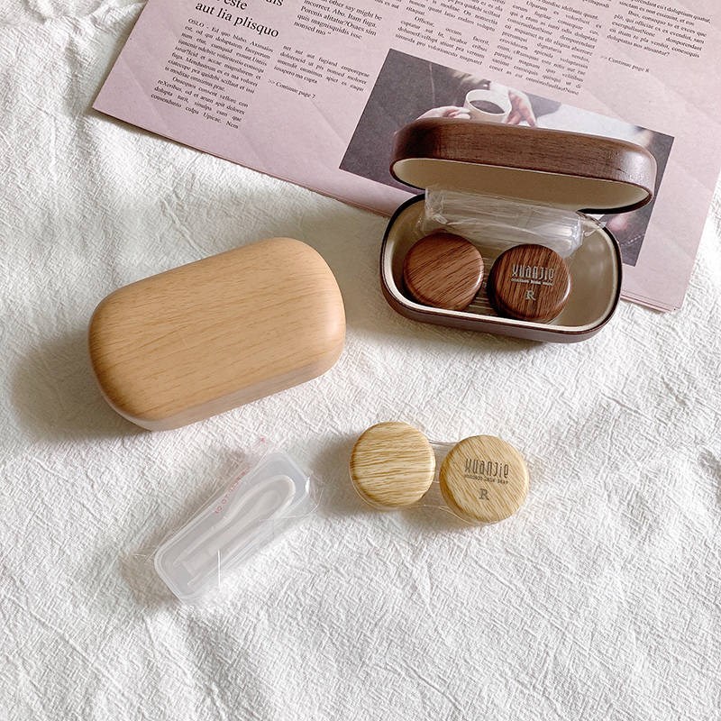 Couple Contact Lens Box Wood Mepupil Box Beauty Pupil Box Ins High-end Portable with mirror partner box