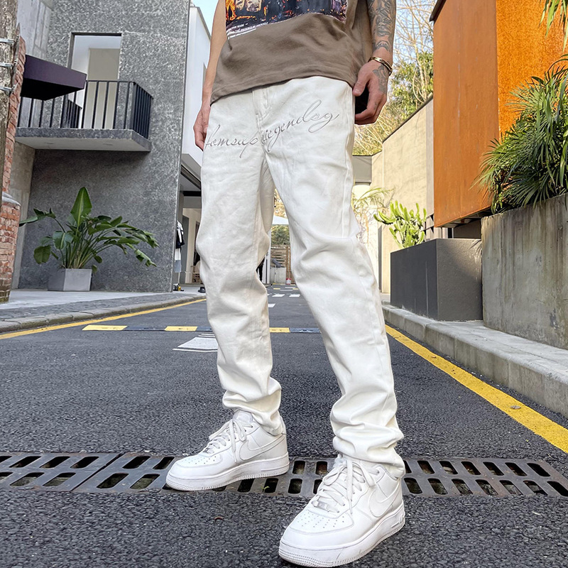 South Autumn American High Street Fashion Brand Slim Fit Straight Embroidered Niche National Trend Denim Long Pants for Men with Stretch