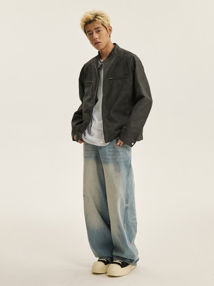 男道美式街头机车皮衣夹克男24秋季新款痞帅宽松休闲翻领外套上衣