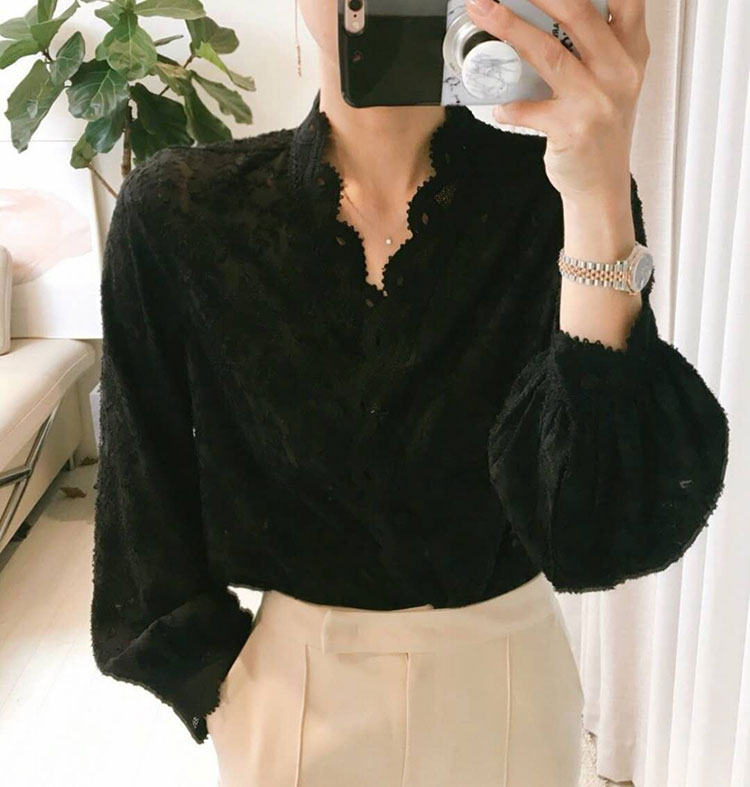 2018 đầu thu mới Hàn Quốc khí chất quý cô dáng đứng cổ áo dài tay áo sơ mi nữ ren sơ mi voan trắng áo sơ mi trắng nữ form rộng