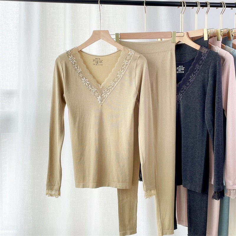 Seamless Ladies Underwear Set Lace V-Neck Modal Sheep Wool Thin Body Body Warm Bottom Autumn Clothes Hygiene Pants