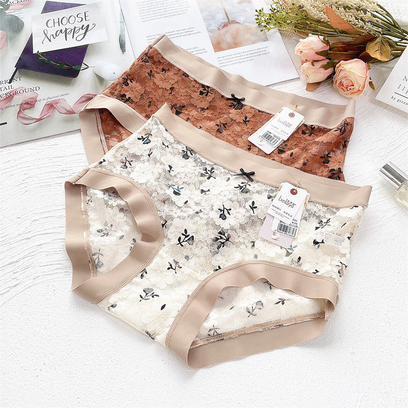 Sweet Mebelleia Briefs Sexy Transparent Lace Without Marks in waist Antibacterial Mulberry Silk Young Year Bag Hip Pants Head
