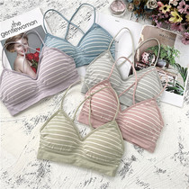 Pretty woven suspender Modal fresh pink striped cross beauty back breast girl no rim base bandeau underwear