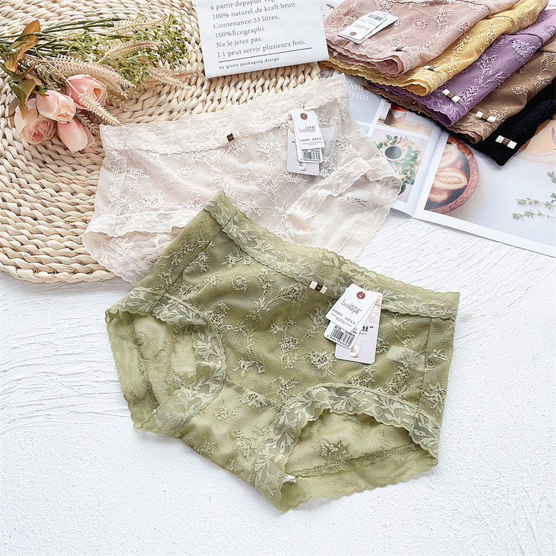 Gray green Belaya panties sexy transparent mesh lace thin antibacterial sansilk female waist-bag pants