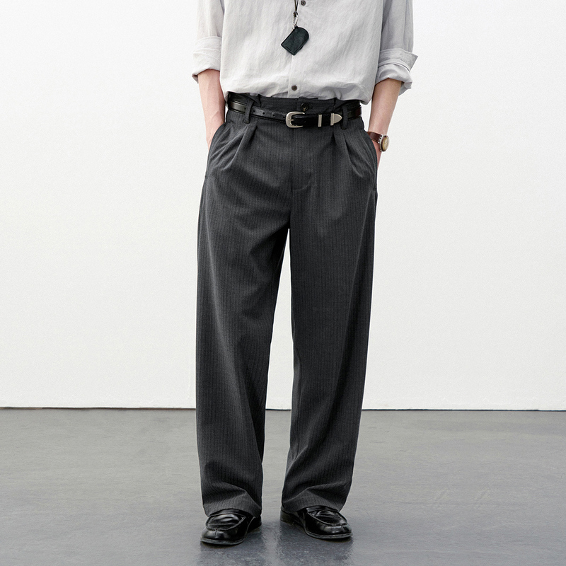 714Street Double Pleated Striped Straight-Leg Dress Pants for Men, 2026 Spring, Old Money Style, Drapey, Versatile Casual Trousers