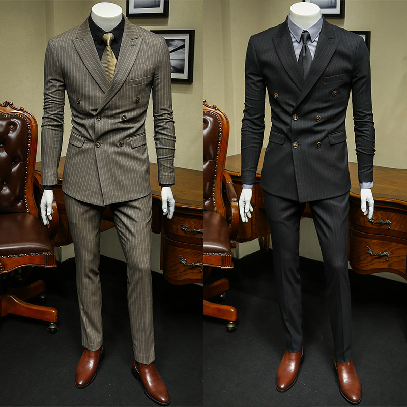136524 European and American double-row buttoned striped wedding suit men suit the groom to fix the Korean version of the Inn Wind personality trend
