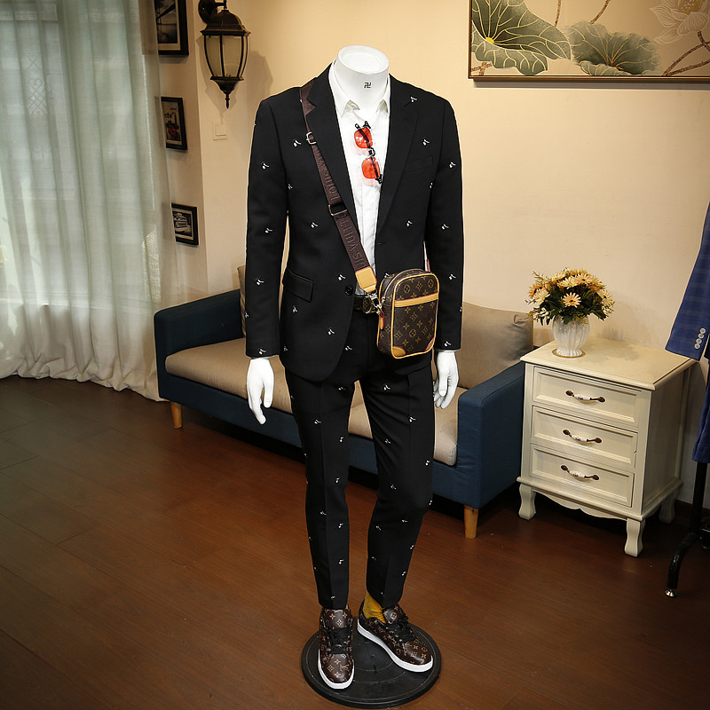 136524 autumn new Korean slim black embroidered business dress handsome male casual suit two-piece suit