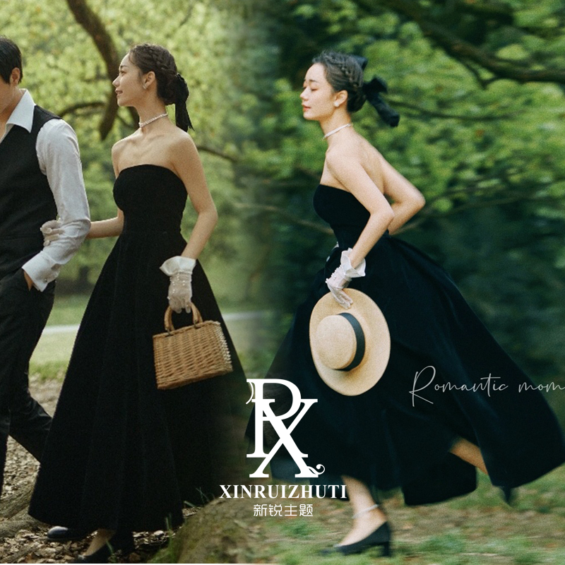New photo studio theme black forest tube top velvet dress travel photography temperament retro Hepburn style photo wedding dress