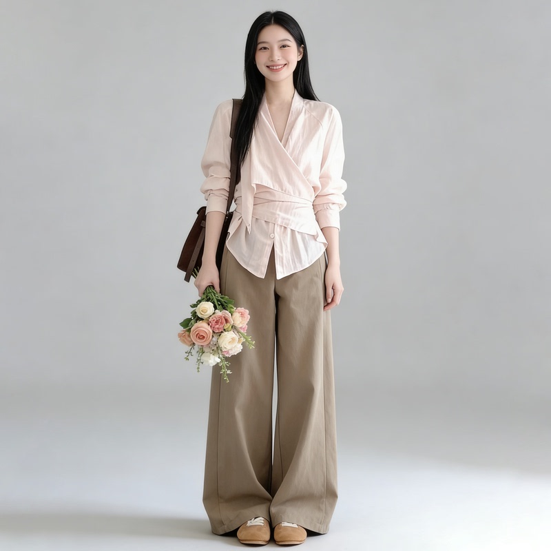 Pink Cross V-Neck Lace-Up Waist-Cinching Long-Sleeve Shirt Top Versatile Straight-Leg Casual Pants Women's Spring and Summer Two-Piece Set
