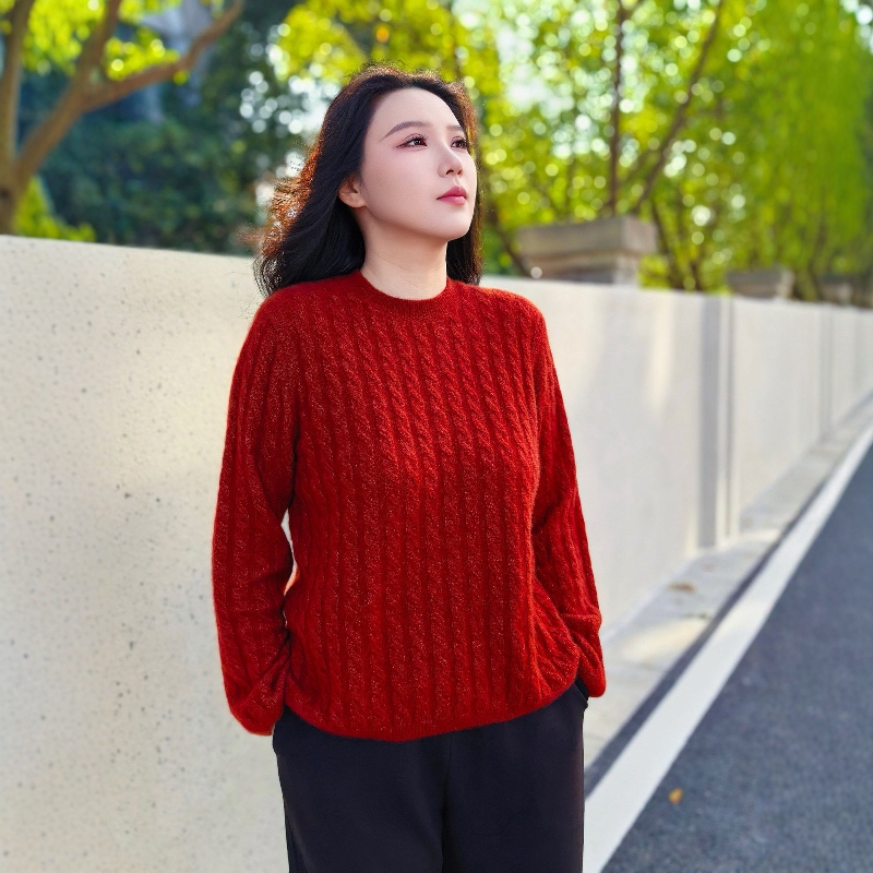 Plus Size Women's Clothing for Fat Women 2026 Winter D Luxury Cable Knit Round Neck Kangbaolai White Factory Silk Cashmere Sweater Highly Recommended!