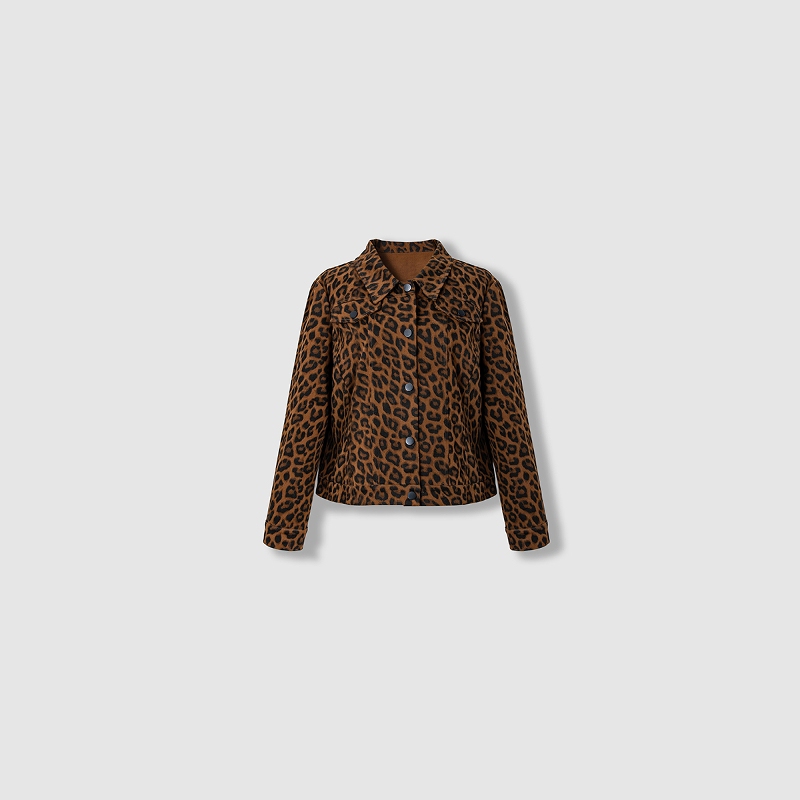 Plus Size Women's Clothing Fat mm 2026 Spring Elegant Rebellious Statement Wild Rules Chocolate Leopard Print Denim Jacket