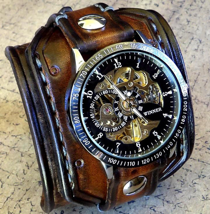 Brown | Hand made steampunk hollow machinery custom engraved brown leather mechanical watch