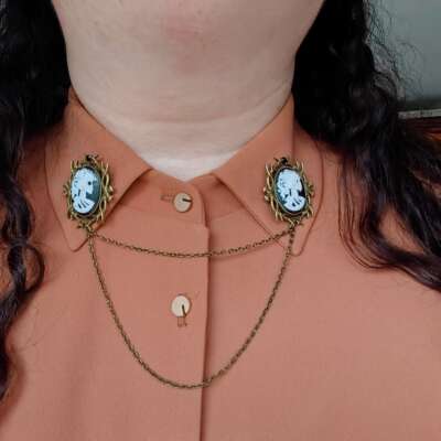 Latvian Brooch handcrafted retro Victorian Gothic skull relief double-chain collar brooch