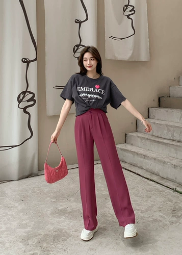 Lieer Lierkiss [штаны с малиновыми западными танцами], тонкие, свободные, высокие, высокие, высокие брюки с широкими вайсами 22kz6021