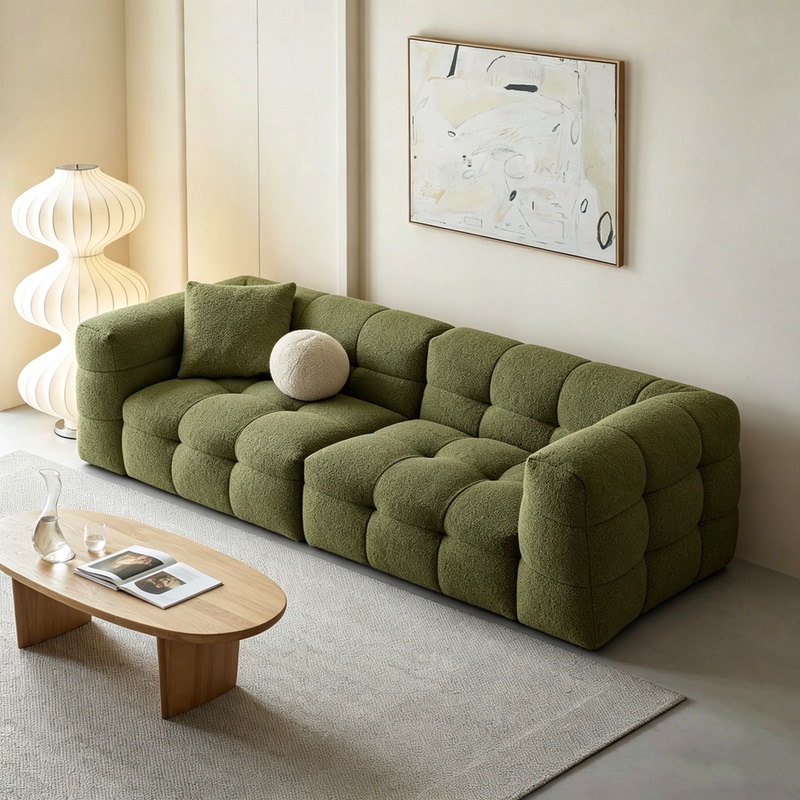 Retro Cream-Style Small Apartment Living Room Straight-Row Three-Seater Marshmallow Fabric Sofa Modern Simple New Model in Stock Retro Cream-Style Small Apartment Living Room Straight-Row Three-Seater Marshmallow Fabric Sofa Modern Simple New Model in Stock