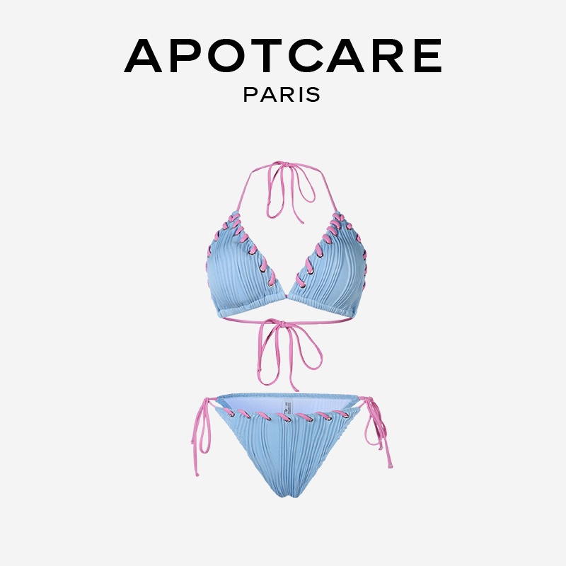 French Apotcare Sweet and Unique Lace-Up Halter Neck Two-Piece Swimsuit for Women, Triangle Cup Bikini, Hot Spring Style